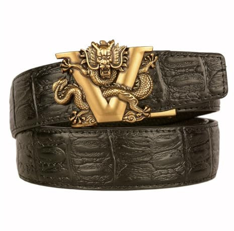 xichuangyuXCY Men's Leather Ratchet Belt Retro Dragon Pattern Eagle Tiger Buckle Carved Casual Business Belt 49 (Black Crocodile pattern Dragon 2)