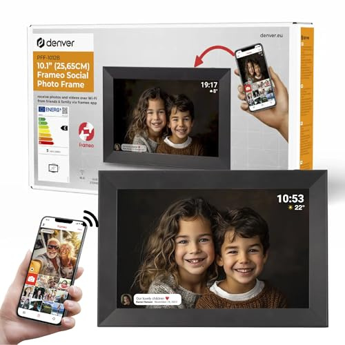 Denver PFF-1012B Digitaler Wi-Fi Bilderrahmen – 10 Zoll HD IPS Touchscreen, Integrierte FRAMEO Software, Einfache Smartphone-Anbindung, Multimedia-Display, Schwarz