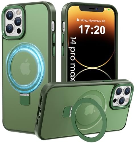 PuyaTeya für iPhone 14 pro max Hülle mit Magnet Ständer, Dunkel Grün | Kratzfeste, fingerabdruckresistente, rutschfeste und stoßfeste [transluzent matte] Handyhülle für iPhone 14 pro max