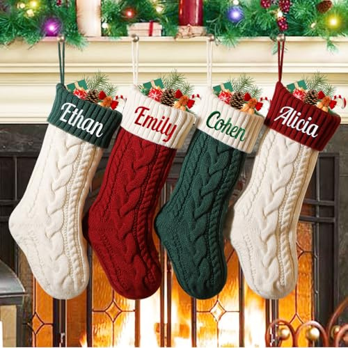 guccde Personalized Christmas Stockings, 18 Large Custom Knit Christmas Stockings with Embroidery Name, Color-Contrast Twisted Stocking for Xmas Holiday Decoration(2 Pcs)