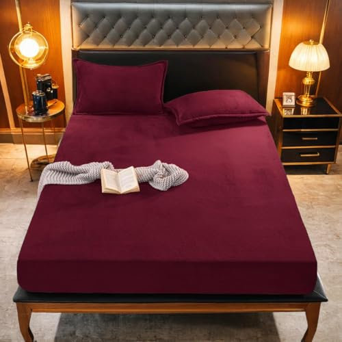 Gezu Winter Spannbettlaken 160x200cm Rot Weinrot Flanell Plüsch Spannbetttuch Flauschig und Warmes Bettlaken geeignet für Matratzen bis 30cm