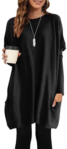 AUSELILY Longpullover für Damen Langarmshirt Lang Oversized Rundhalsausschnitt T-Shirts Sweashirt Tunika Damen Pulli Long-Shirt Kleid mit Taschen Schwarz M