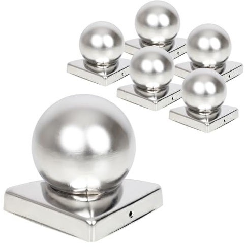 VOSS.garden 5X Pfostenkappen 90x90mm mit Kugel, Edelstahl Schutzkappen für Holzpfähle Holzpfosten, Kappen für Vierkantpfosten, inkl. Schrauben