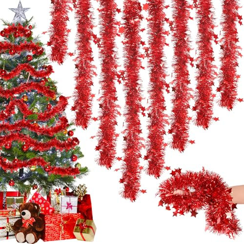 Lametta Weihnachtsbaum, 8PCS×2M Weihnachtsgirlande Lametta Girlande Weihnachten Outdoor Christmas Garland 16M Weihnachtsgirlanden Mit Sternen Verziert Weihnachtsdeko Girlande Christbaum Deko Rot