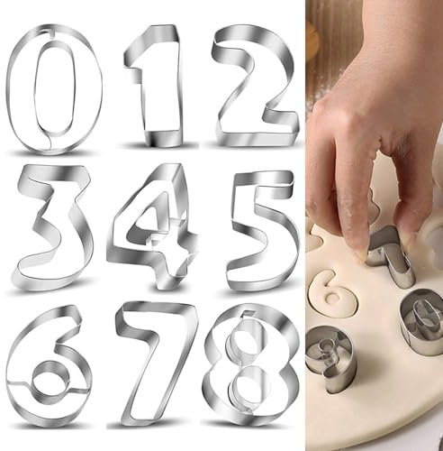 9pcs Number 0 1 2 3 4 5 6 7 8 Cookie Cutters Stainless Steel Cutters Set for Biscuits Number Shaped Baking Cutter Tools for Dough,Number Cookie Cutters Set, Fondant Cake Decorating
