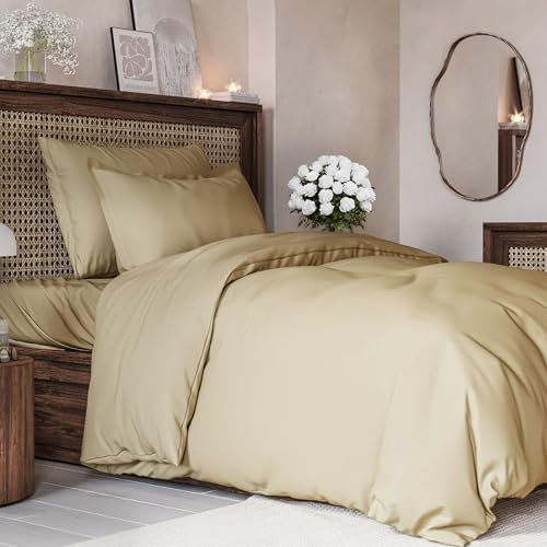 3-teiliges Bettwäsche-Set 135x200 cm mit Bettbezug und 2 Kissenbezügen 80x80 cm – Weiche, atmungsaktive und pflegeleichte Mikrofaser – Mit Reißverschluss und Eckbändern – Oeko-TEX – 3PC - Beige