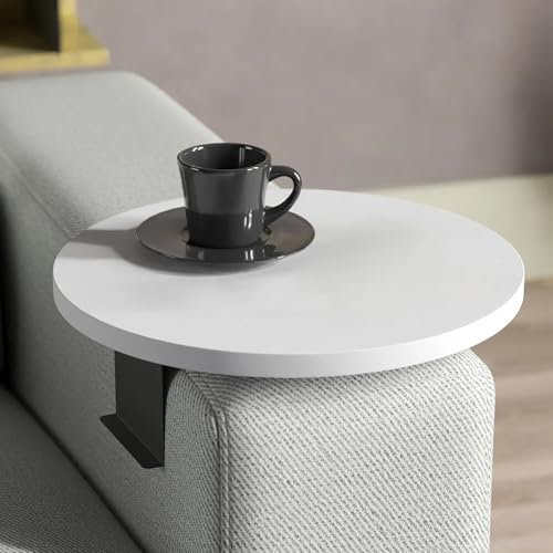 Tubibu Couch-Tablett für Armlehnen, Verstellbares Sofa-Tablett mit Getränkehalter, Spezielles Design mit Praktischer Metallhalterung, Ablage für Sitzgarnitur, Durchmesser ⌀ 35 cm (1, White)