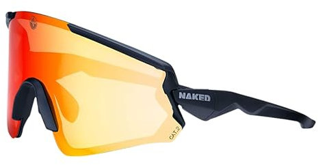 NAKED Optics FALCON Sportbrille Herren, Fahrradbrille Damen, Sport Sonnenbrille mit UV Schutz, magnetisches Schweißband, wechselbare Gläser (Schwarz - Rotes Glas (polarisiert))