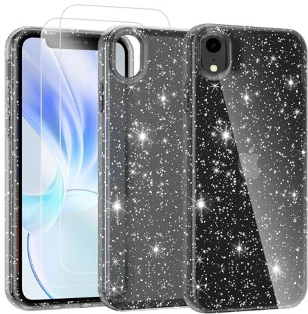 Noyabox für iPhone XR Transparent Glitzer Hülle mit 2 Panzergläsern, Handyhülle Silikon Funkelnd Weich Leicht Kratzerfest TPU Case, Schwarz
