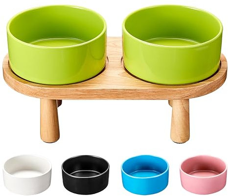 MOPANG Elevated Dog Bowls Ceramic for Small Breed, Elevated Cat Bowl with Wood Stand, 1.7 Cups Dog Food and Water Bowl Set, 14FL.OZ, Lime Green