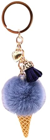 GMBYLBY Eiscreme-Schlüsselanhänger mit Pompons für Damen und Herren, lustiger Plüsch-Pompons, Schlüsselanhänger, Taschenanhänger, eleganter täglicher Gebrauch, Schlüsselhalter, blau