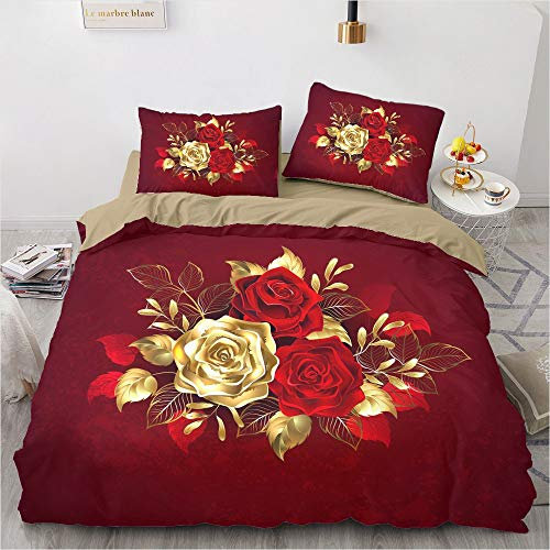 YASMENG Housse de Couette Rose 220x240 Or Rouge Rose Romantique 3D Parure de Lit Rose Doux Linge de Lit Roses Motifs pour Cadeaux avec Fermeture Éclair et Taies d'oreiller 65x65 cm