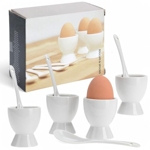 MIJOMA Eierbecher Set 8-teilig – 4 Eierbecher & 4 Eierlöffel – Hochwertiges Porzellan – Klassisches Design – Spülmaschinenfest