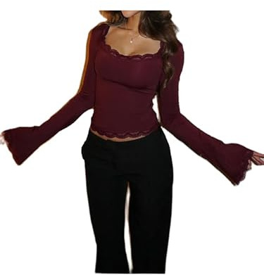 Women's Lace Trim Square Neck T Shirt Y2K Long Flare Cuff Sleeve Basic Tops Elegant Slim Fit Blouse Aesthetic Tee Shirts (Burgundy, XL)