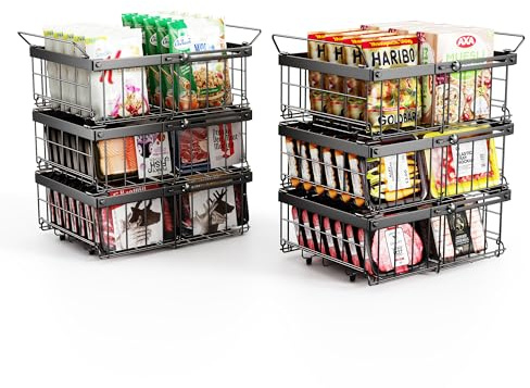Elayu 6er Stapelbar Gefriertruhe korb,gefriertruhe organizer verstellbar,gefrierschrank organizer,stapelkörbe,Schwarz, Ausziehbare Länge 29-46CM