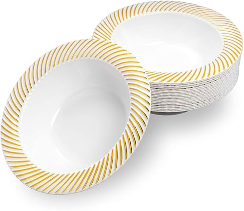 MATANA 40 Weiße Plastikschalen mit Goldrand, Suppenteller, Suppenschüsseln, Suppenschalen für Geburtstage, Hochzeiten & Partys, 350ml - Mehrweg & Stabil