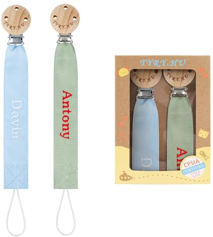 TYRY.HU Schnullerkette mit Namen Stoff Weiches Jungen Mädchen,2 Stücke | DIY Customise Personalisierte Schnullerband Holz Clip,Baumwolle Schnuller Clips für Neugeboren Geschenk