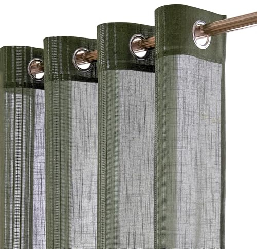 MYSKY HOME Olivgrüne Vorhänge Dunkelgruen mit Ösen Boho-Gardinen 240cm Vintage Leinen Web-Löchern Makramee Häkelgardine für Schlafzimmer Ankleidezimmer Halbtransparent Landhaus Dekoschal Curtain 2PC