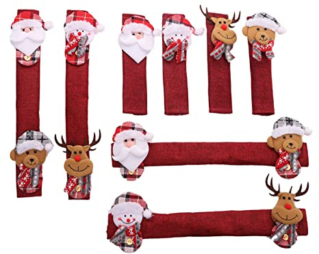 Fictory Set di 8 copri maniglie per elettrodomestici natalizi, in tessuto di lino, per frigorifero, fornello, forno, armadio, decorazione decorativa per la cucina