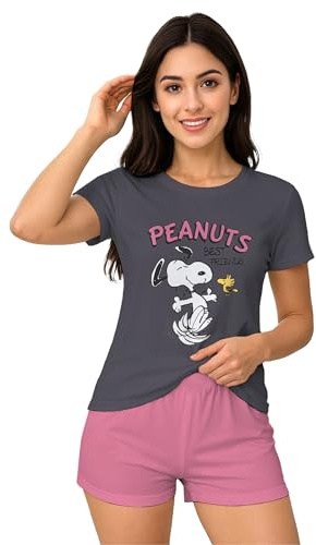 The Peanuts Snoopy Schlafanzug für Damen - Best Friends Pyjama Set Kurzarm Oberteil mit Shorts Grau/Rosa (DE/NL/SE/PL, Alphanumerisch, S, Regular, Regular)