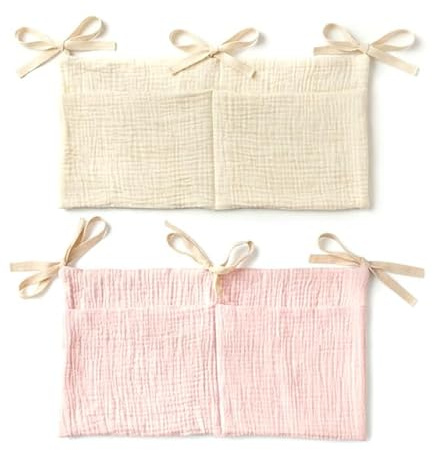 HAPZUR Babybett Organizer 2 Stück Beige & Rosa zum Einhängen | Vielseitige Babybetttasche für Windeln, Kleidung & Spielzeug | Praktischer Hängeorganizer fürs Kinderzimmer, platzsparend & griffbereit.