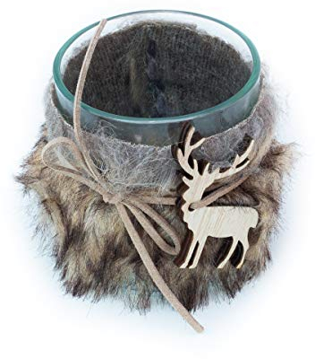 Antikas | Schöner Teelichthalter | Windlicht mit Hirsch, Winterdeko mit Kunstfell | Weihnachten | Dekoration