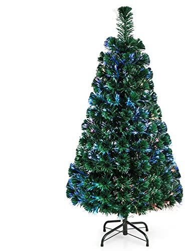 COSTWAY Albero di Natale 90/120/150/180 cm, Albero di Natale con Fibra Ottica e Colori Diversi e Base di Metallo, Albero di Natale Realistico con Luci per Casa, Ufficio e Negozio (120cm)