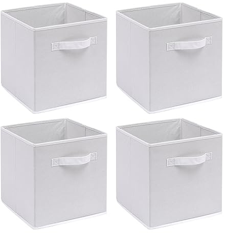 BOJU White Storage Box Cube Set of 6 Wardrobe Unit Storage Organiser Canvas Storage Box Bin Fabric Collapsible with Handle for Kids Toys Clothes Laundry Underwear Bedroom (White, ×4)