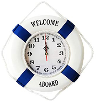 LIOOBO Mediterrane Stil Wanduhr Willkommen an Bord Rettungsring Wanduhr für Wohnzimmer Küche Badezimmer 35cm Keine Batterie