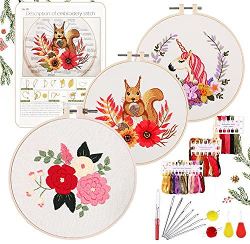 YINVA Anfänger Stickerei Set Stickerei Set, Blumenmuster Pflanzen Kreuzstich-Kit Starter Tools Kit mit 3 Stück Kunststoff-Stickrahmen, für DIY Kunst, Handwerk