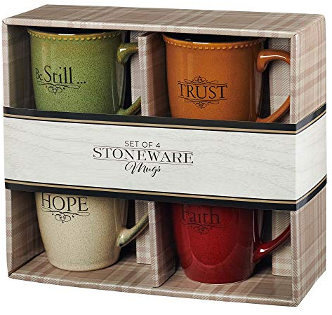 Set of Four Rustic Stoneware Coffee/Tea Mugs w/Bible Verses Sage Green, Ivory, Paprika Red, Pumpkin Orange Inspirational Coffee/Tea Cup for Men and Women