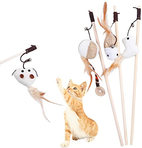 Gotetiso Katzenspielzeug Set 4 Stück Interaktive Katzenspielzeug Angel mit Federn und Glocken für Erwachsene Katzen, Small Breeds
