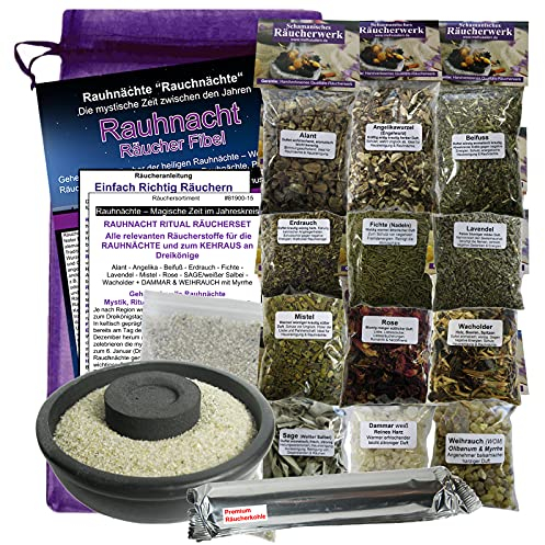 Naturheilmittel Heilsteine Methusalem GmbH Neu-Ulm Rauhnacht-Räucherset 19-TLG Ritualset 12x Räucherwerk + 7x Zubehör mit RÄUCHERSCHALE & Rauhnacht-Fibel. 81900-15S