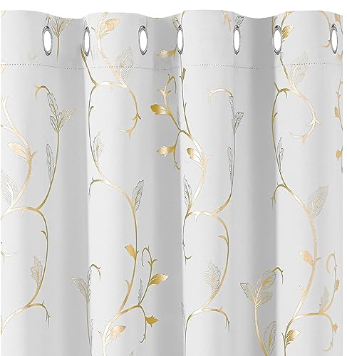 BUHUA 2er-Set Vorhang Blickdicht Verdunkelungsgardinen mit Ösen für Schlafzimmer Fenster Gardine mit Gold Weinstock Musterdruck, H 229 x B 117 cm, Grau Weiß