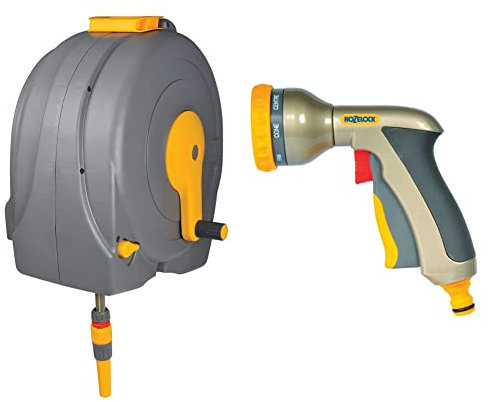 Hozelock 2496R0000 Wall Mounted Fast Reel with 40m Hose & HOZELOCK Multi Plus Spray Gun, Multicolour