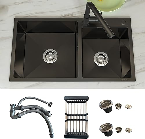 MEJE Fregadero de cocina de acero inoxidable de dos senos de 78 x 43 x 22,5 cm con orificio para grifería