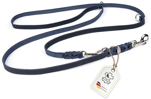 Hundeleine Leder 5m kleine Hunde leicht Fettlederleine [3-Fach Verstellbar] Lederleine geflochten – robuste Leine Hund mit Chrombeschlägen – Führleine Hund & Freihandleine zum Umhängen, Blau 8mm