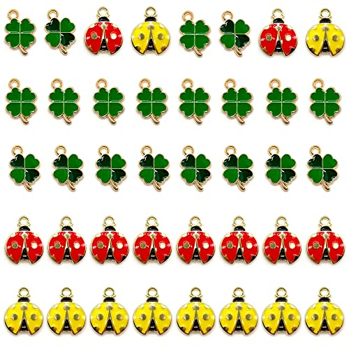Niuhong 40 Pcs Kleeblatt Marienkäfer Anhänger Metall Glücksbringer Vierblättriges Schlüsselbund Glück Glückliche Charms Zubehör Mini Verzierungen Glücksgras Kleeblätter Marienkäfer DIY-Handwerk
