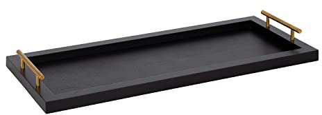 Kate and Laurel Halsey Narrow Rectangle Decorative Wooden Tray with Polished Metal Handles, 24 x 10, Black and Gold, Modern Glam Wood Rectangular Serving Tray for Display or Decoration