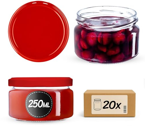 KADAX Lot de 20 pots à confiture en verre 250ml – Pour confitures, miel, conserves & cornichons – Passent lave-vaisselle, sans couvercle