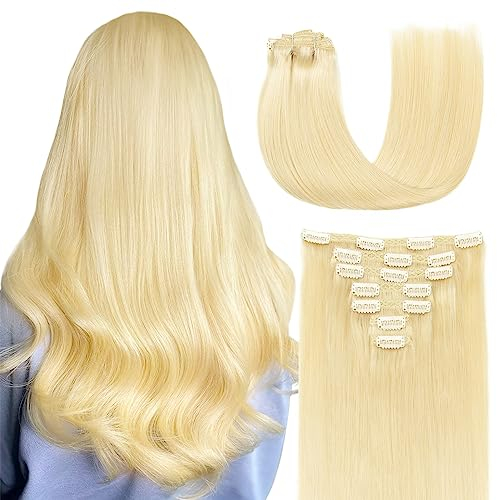 AGMITY Clip in Extensions Echthaar Blond 50cm 120g 7 Stück Doppelt Genäht Zum Anklippen Menschenhaar Unsichtbar Gerade Glatt Nahtlos Clip in Extensions (50cm #613 Bleichblond)