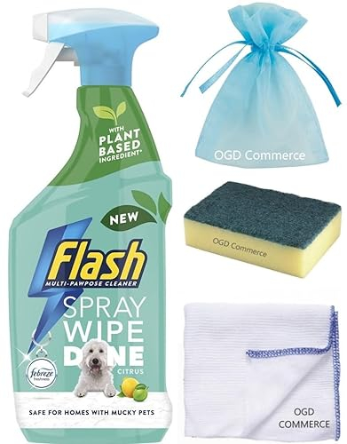 Flash Multi Purpose Cleaner, Wipe&Done Cleaning Spray for Pet Lovers, 800ml, with Febreze Citrus Fresh Fragrance + for You: Cleaning Cloth + Scourer Sponge + Organza Small Bag