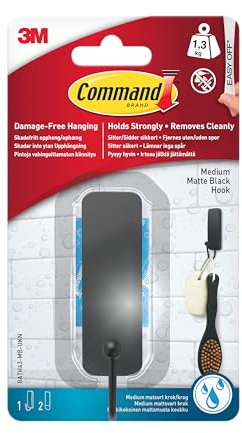 Command Bath Medium Hook, Matte Black - 1 Hook and 2 Water-Resistant Strips - Adhesive Strips for Damage Free Hanging