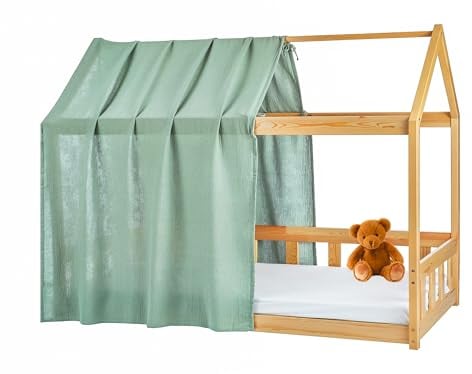 Lovely Hippo Hausbett Himmel - 100% Baumwolle - Betthimmel Hausbett aus Musselin - Bett Vorhang Kinderbett - Himmelbett Vorhänge 90x200cm (Eukalyptus/Gold, 120 x 370 cm (1er Set))