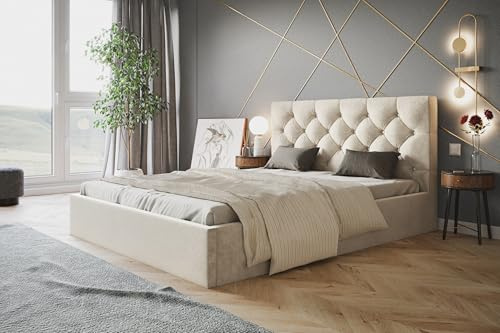 AlpiMeble Polsterbett 180x200, Jasminstoff, Holzrahmen, Beige | Bett mit Bettkasten, Modern Betten, Weicher Stoff, Kollektion Slim Boston