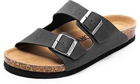 FITORY Mens Sandals, Arch Support Slides with Adjustable Buckle Straps and Cork Footbed for Summer Matte Black Size 11.5