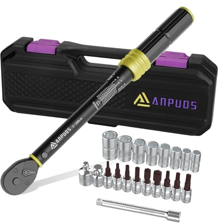 ANPUDS Drehmomentschlüssel 1/4, 3-25Nm Fahrrad & Motorrad Drehmomentschlüssel 21-tlg. Set mit Adapter, Verlängerungsstange, Innensechskant, Bits, für Fahrradwartung