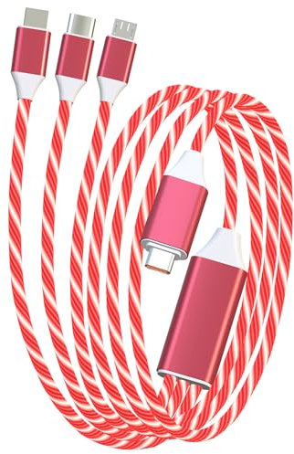 Led USB C Multi Charging Cable Light up 3 in 1 Charging Cable 3A USB C to Multi Charging Cable PD Fast Multiple Charging with Type C/Micro USB/IP for Samsung S23 S22 S21,Phone14 13 12,Pad Pro,4FT,Red