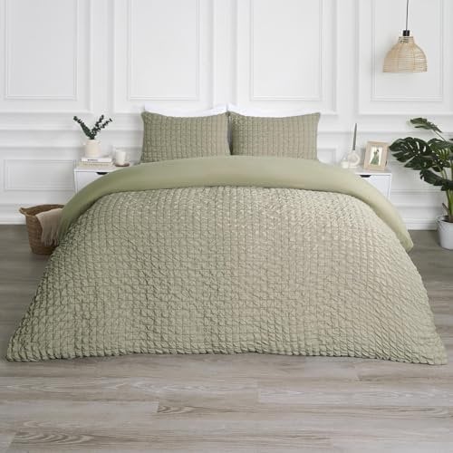 OHS Green Waffle Bedding Double, Seersucker Geometric Duvet Covers with Pillowcases Luxury Embossed Seersucker Double Duvet Cover Super Soft Comfy, Sage