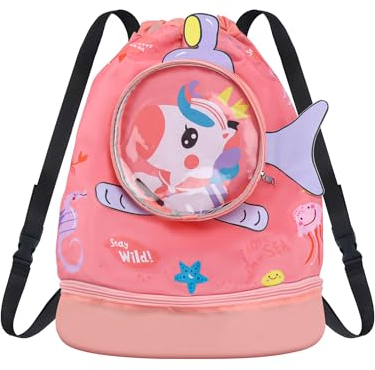 Friedwohl Kinder Schwimmtasche, Mädchen Jungen Wasserdicht Turnbeutel Schwimmrucksack Trainingstasche mit Nassfach, Nasser und Trockener Sportrucksack，Einhorn …